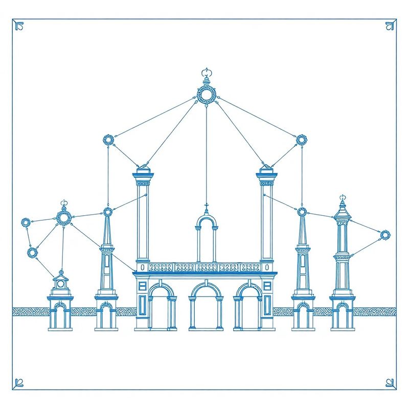 Blueprint-style line drawing of interconnected holding structures